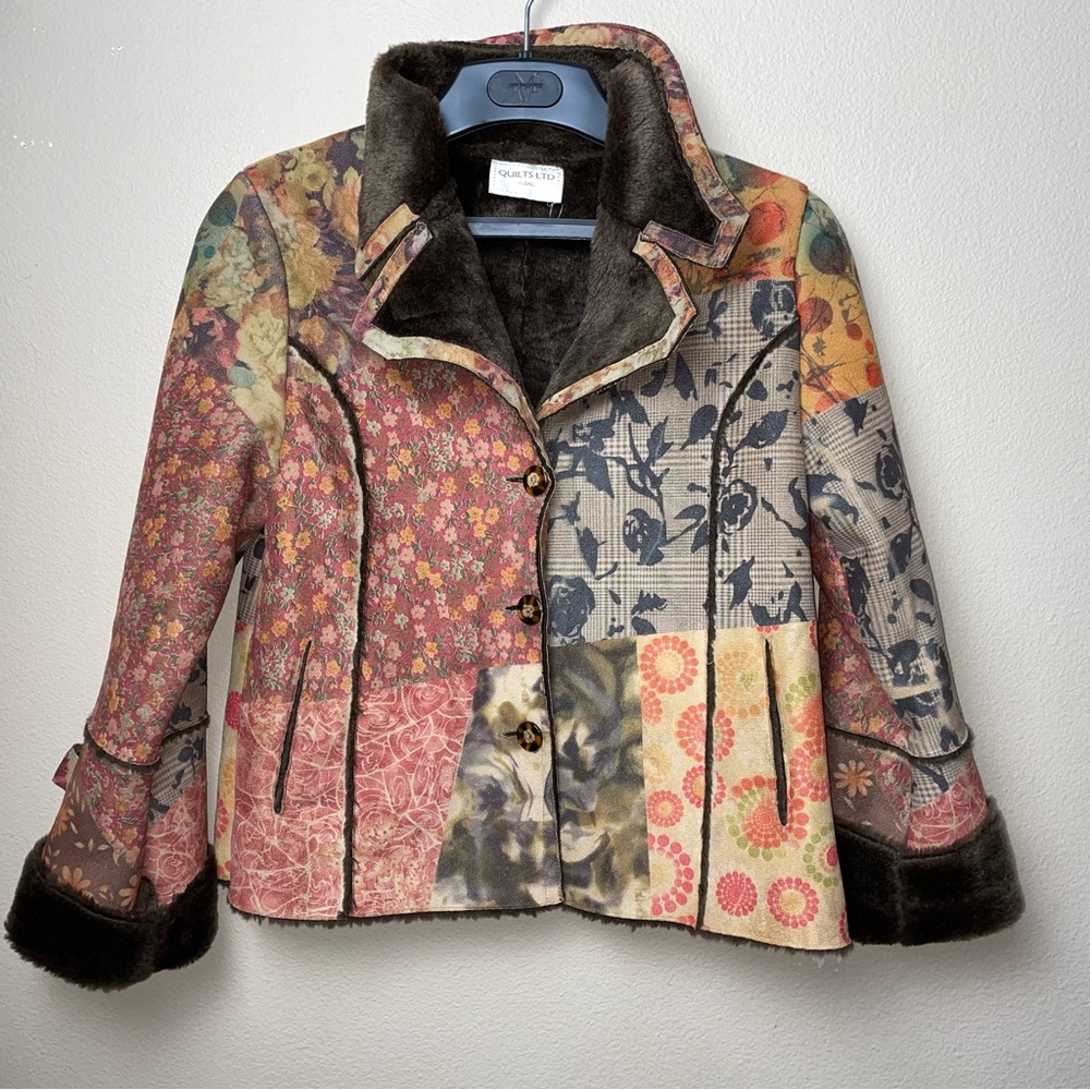 Vintage Quilts LTD Tubac Patchwork Jacket Wearable Art Bohemian Browns Lined M